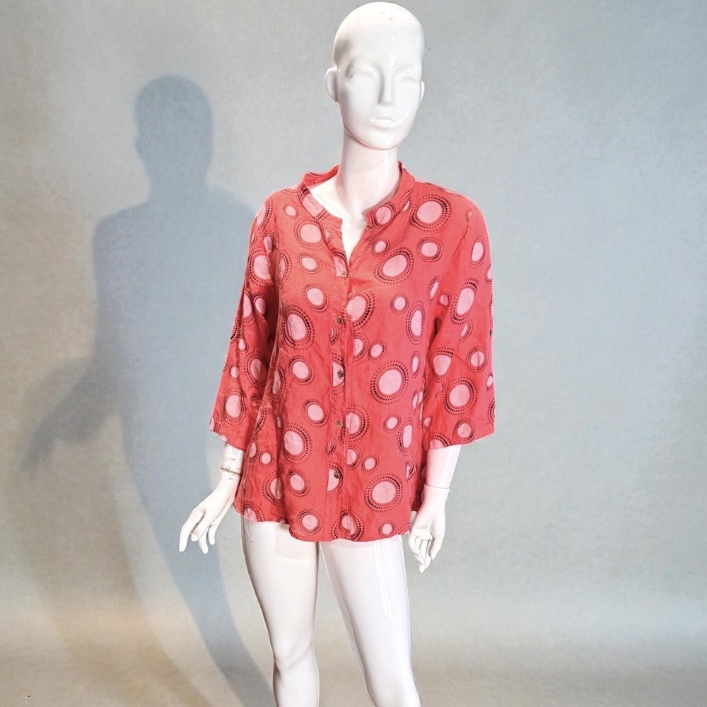 Cherishh Shirt Made in Italy 100% Linen Coral Pink Circle Print Roll Tab L/XL